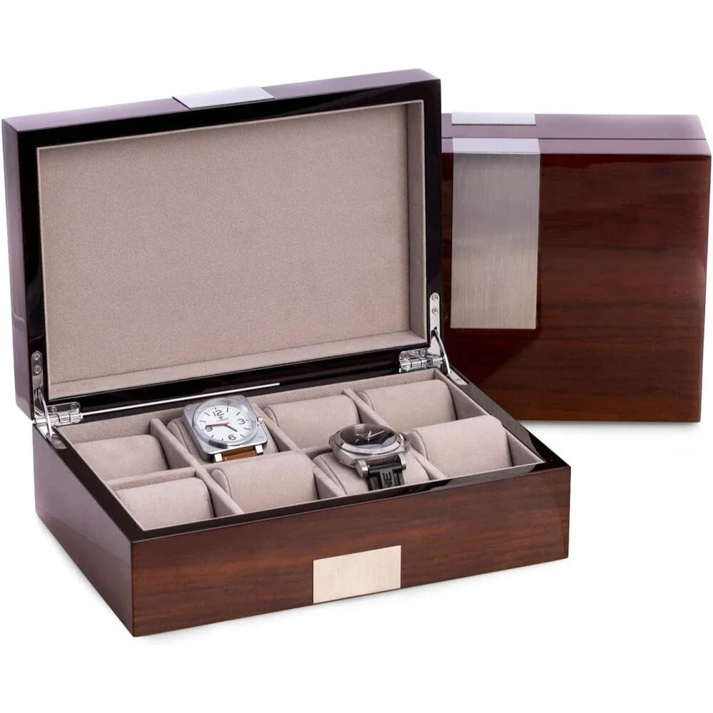 Bey-Berk Lacquered Walnut 8 Slot Watch Box Solid Wood Display Case